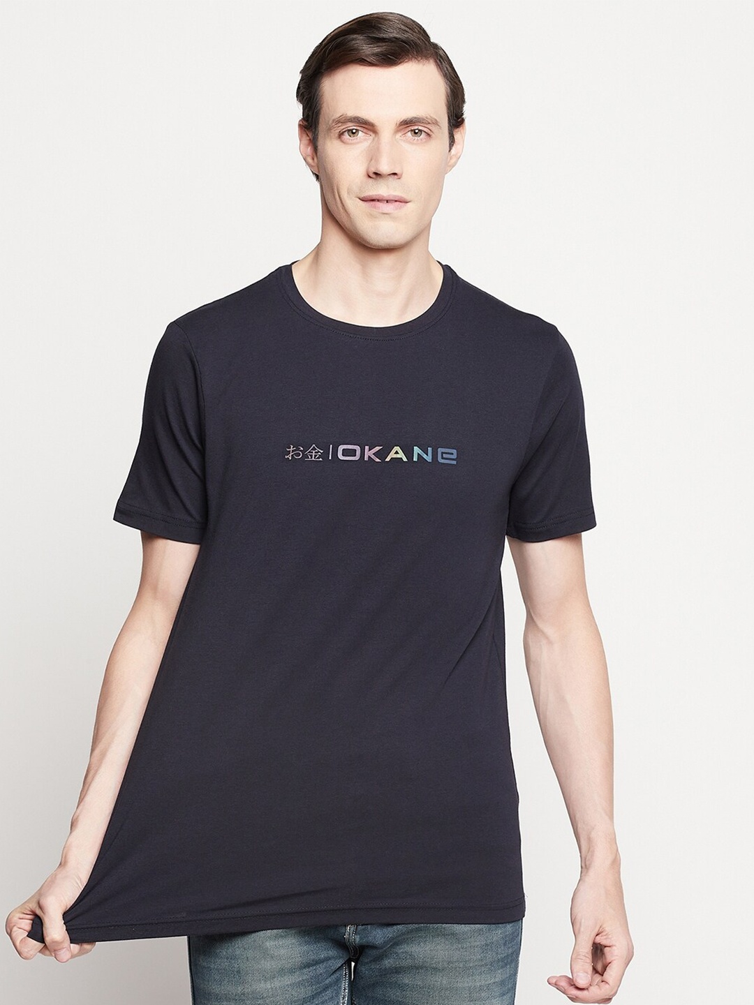 

Okane Men Navy Blue Typography Printed T-shirt