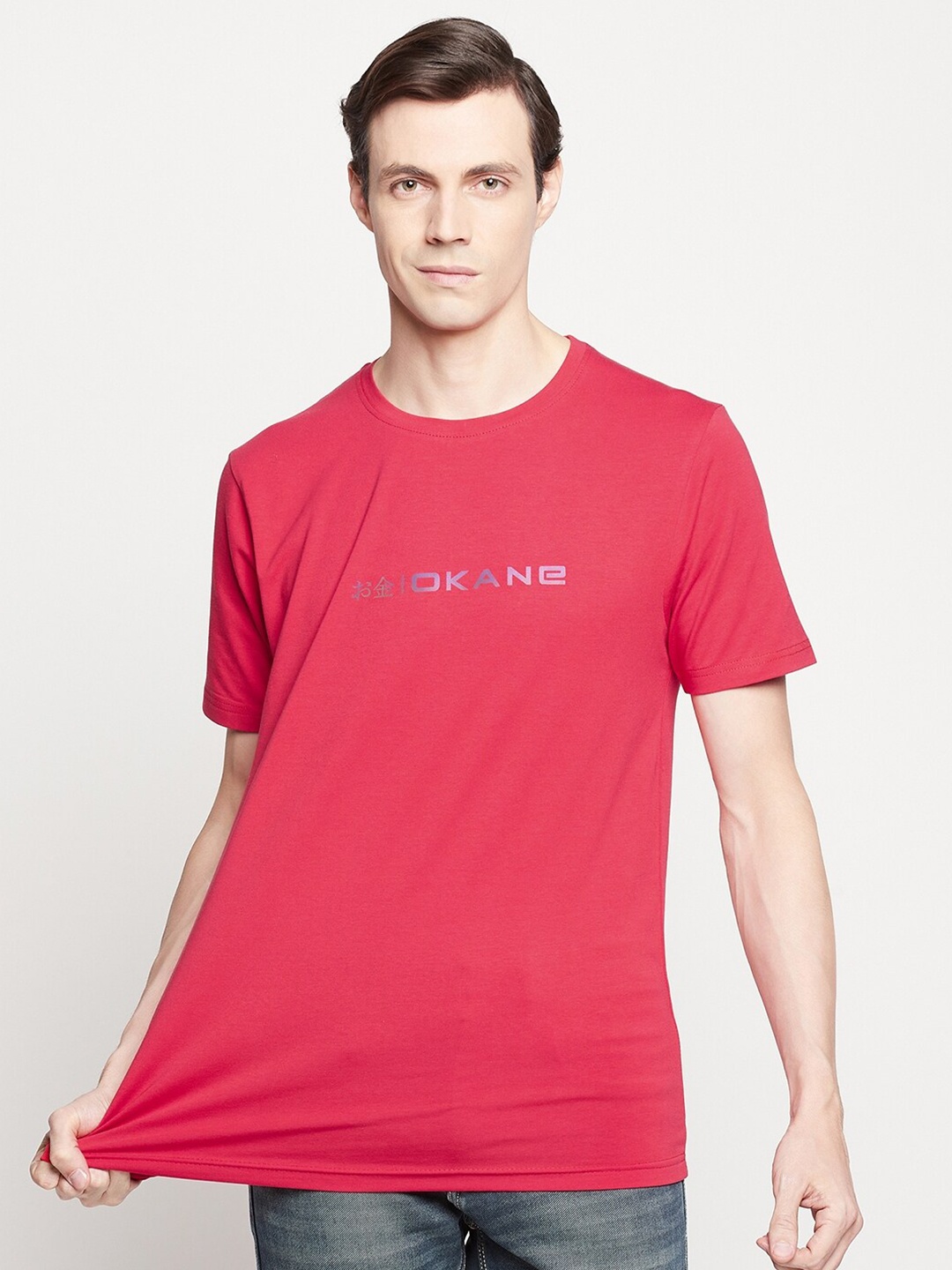 

Okane Men Red Typography Printed T-shirt