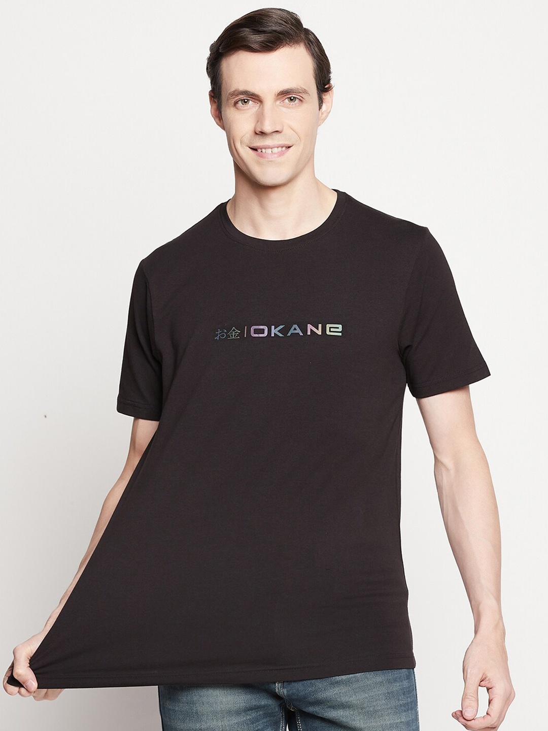 

Okane Men Black Typography Printed T-shirt
