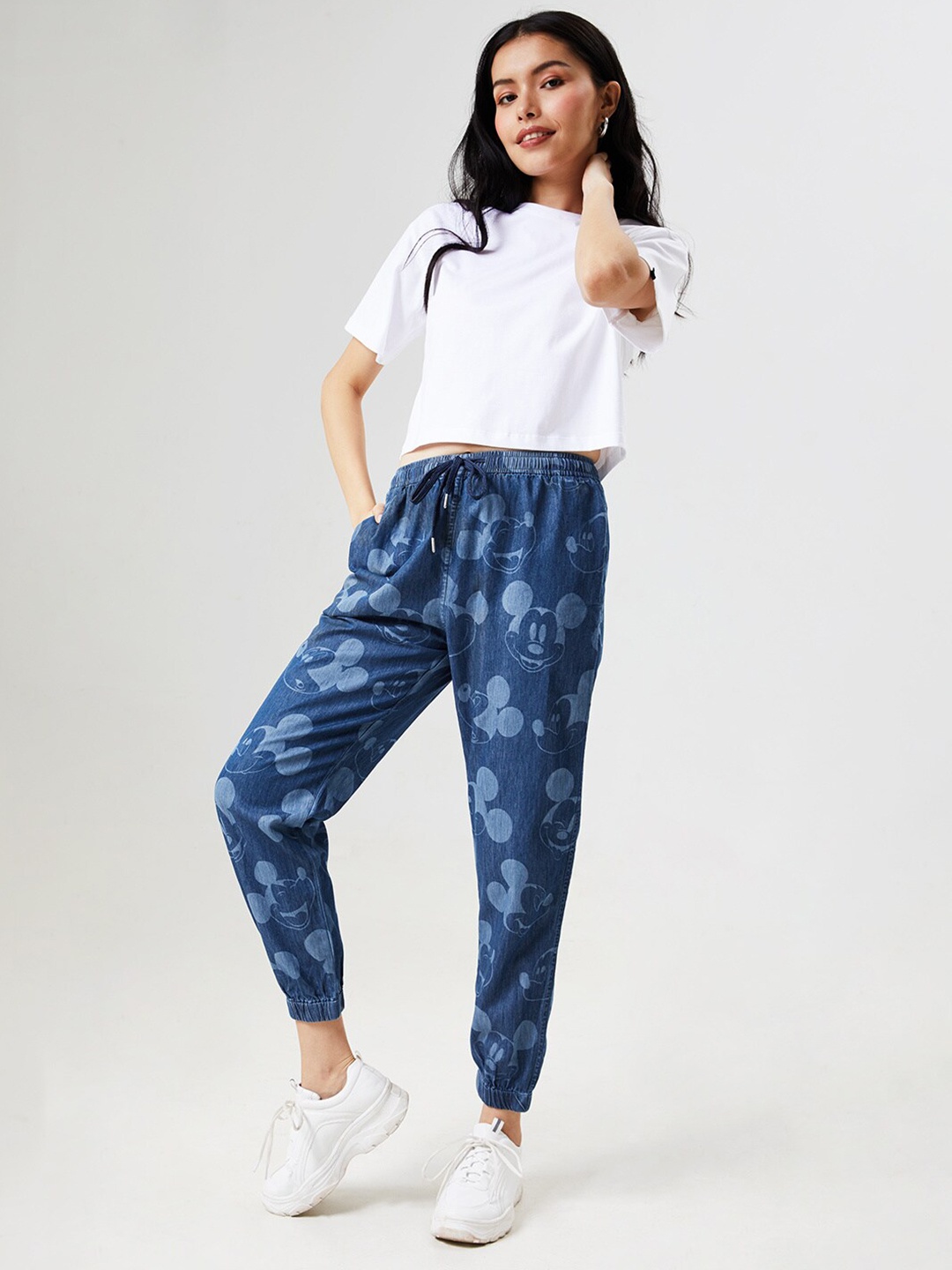 

The Souled Store Women Mickey Mouse Printed Denim Joggers, Blue