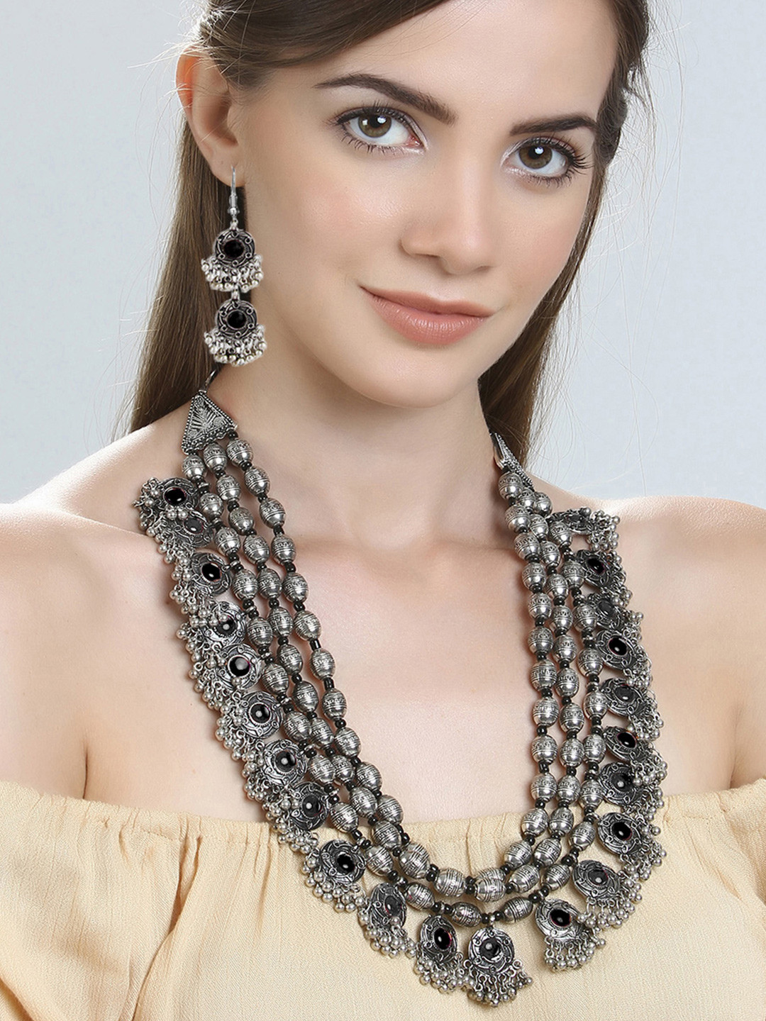 

Yellow Chimes Silver-Plated Stone-Studded Oxidised Ethnic Choker Jewellery Set, Black