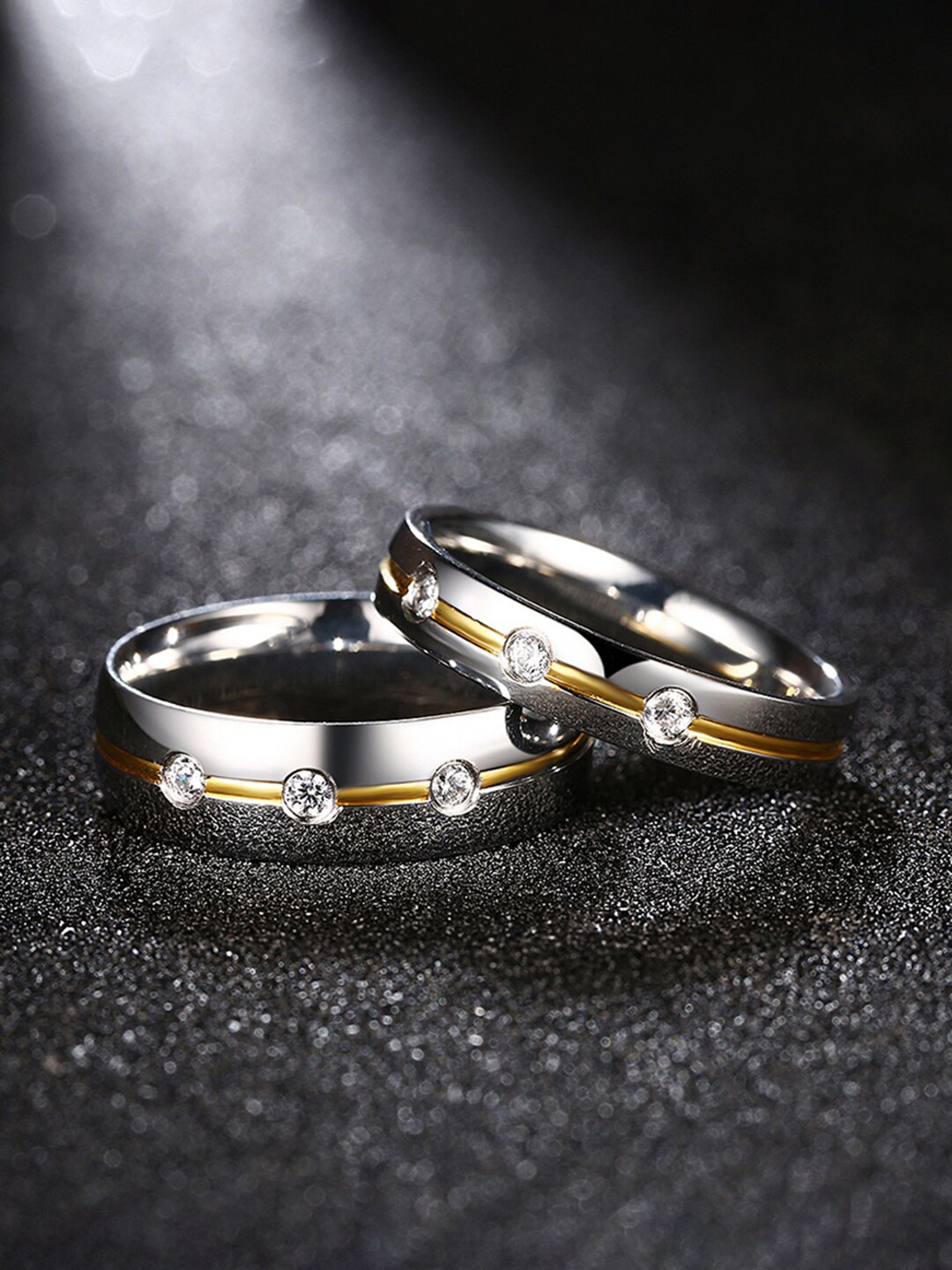 

Yellow Chimes Set Of 2 Silver-Plated White Crystal-Studded Proposal Couple Rings