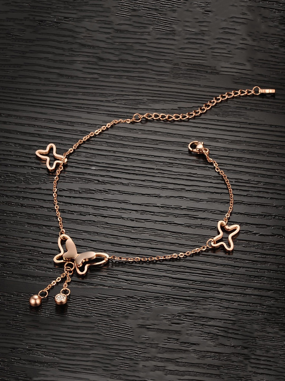 

Yellow Chimes Rose Gold-Plated Stainless Steel Butterfly Charm Anklet, Pink