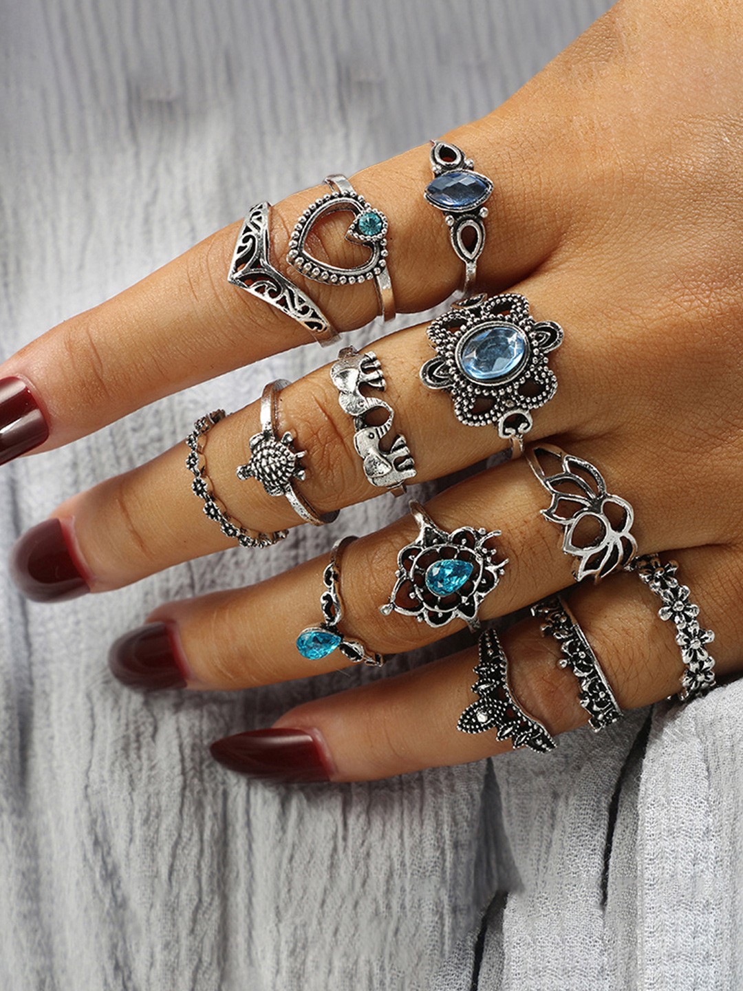 

Yellow Chimes Set Of 13 Oxidised Brass-Plated Blue Stone-Studded Knuckle Finger Ring, Silver