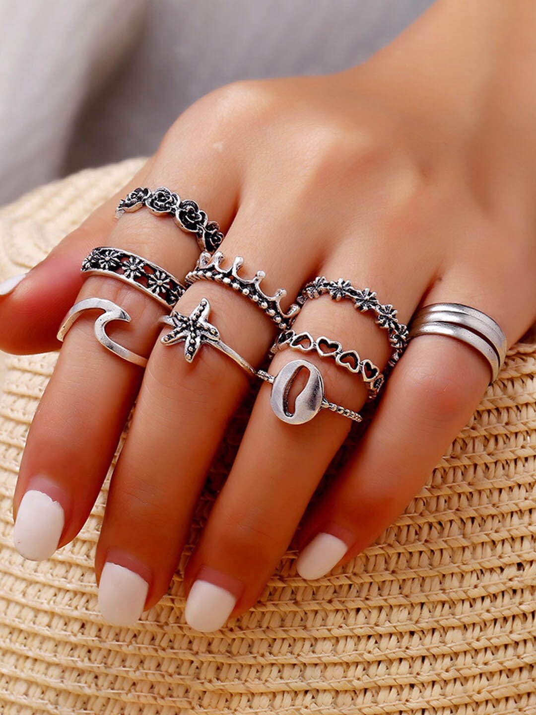 

Yellow Chimes Set Of 11 Oxidized Brass-Plated & Silver-Toned Knuckle Finger Rings