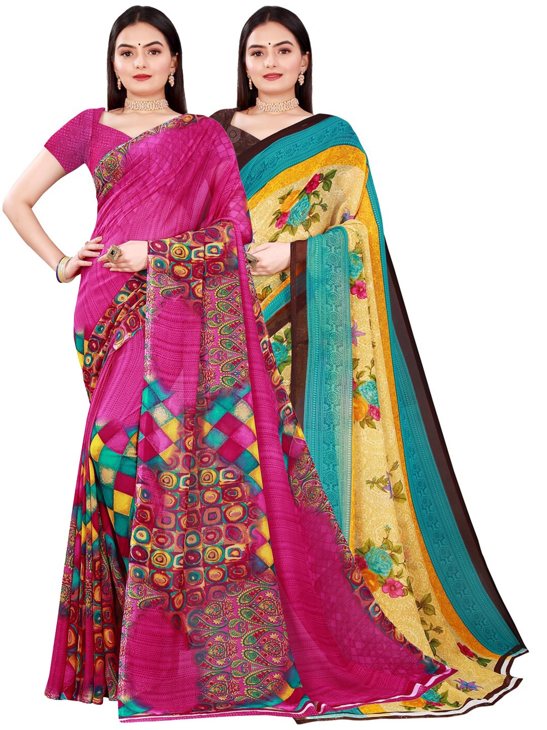

KALINI Beige & Pink Set Of 2 Printed Pure Georgette Saree