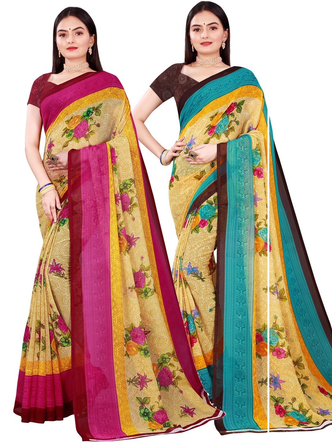 

KALINI Beige & Yellow Floral Pure Georgette Saree