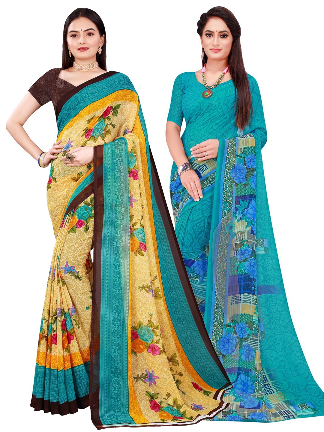 

KALINI Beige & Blue Pack of 2 Floral Pure Georgette Saree