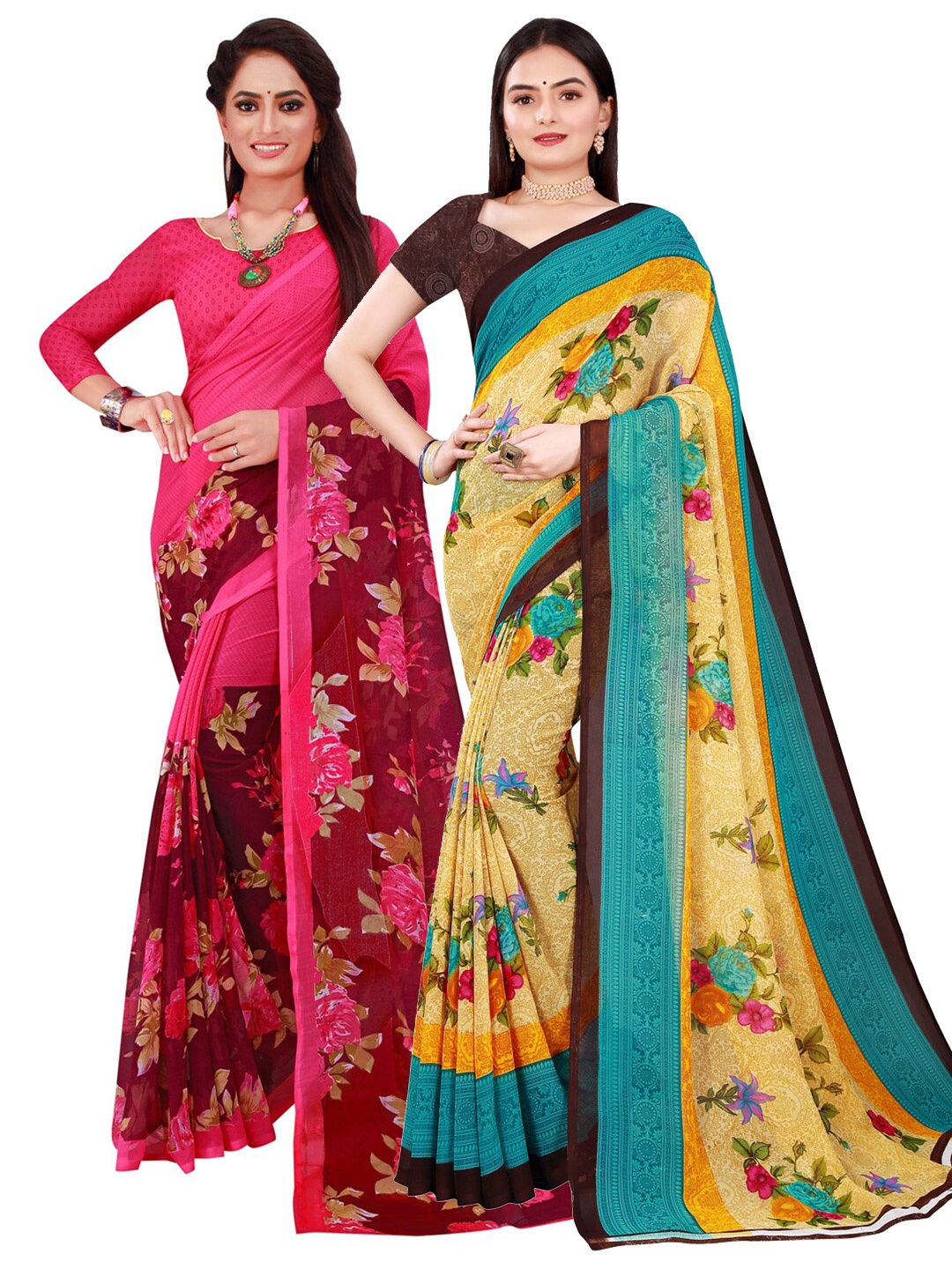 

KALINI Beige & Pink Floral Pure Georgette Pack Of 2 Saree