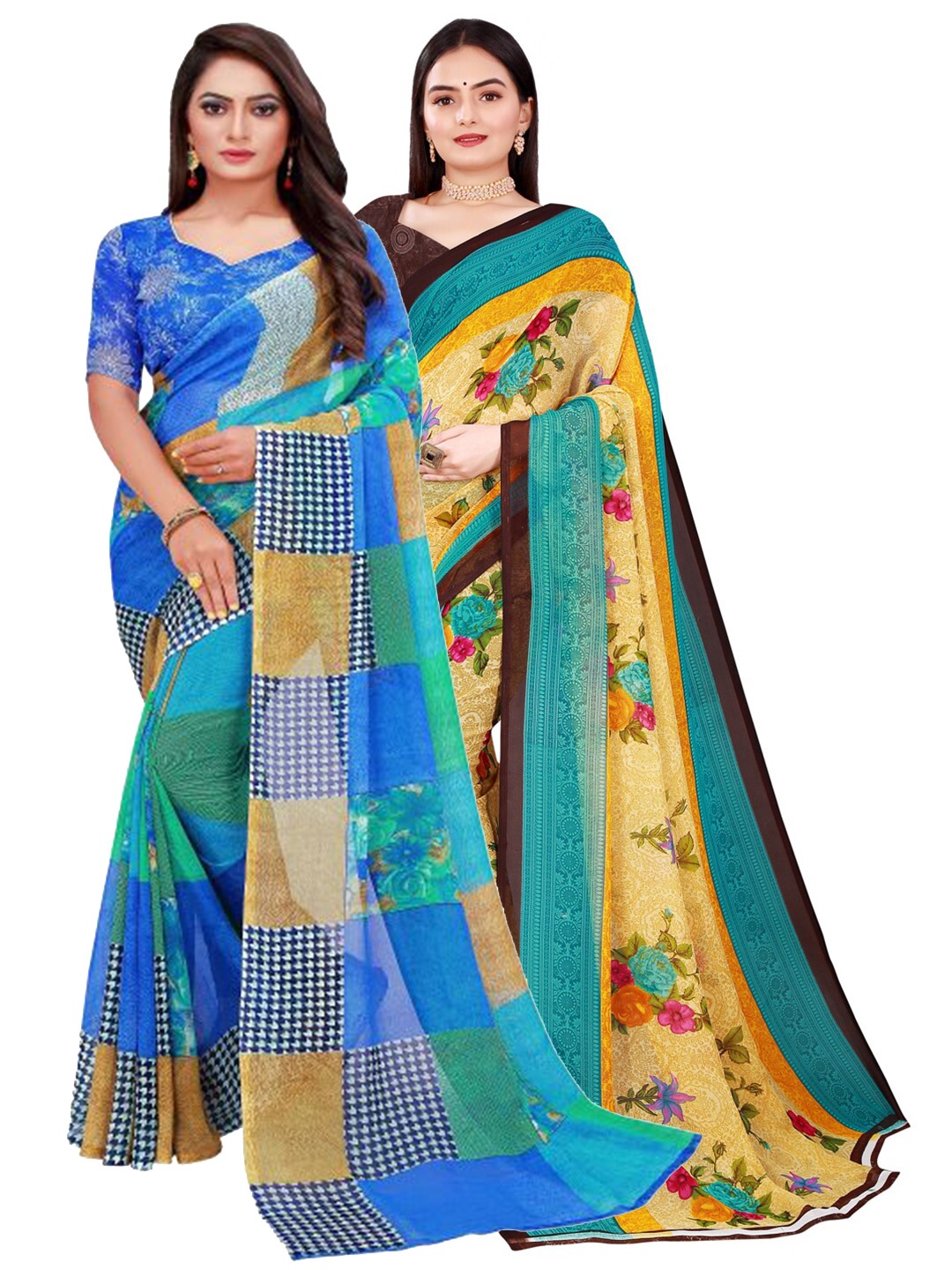 

KALINI Women Pack Of 2 Beige & Blue Printed Pure Georgette Saree
