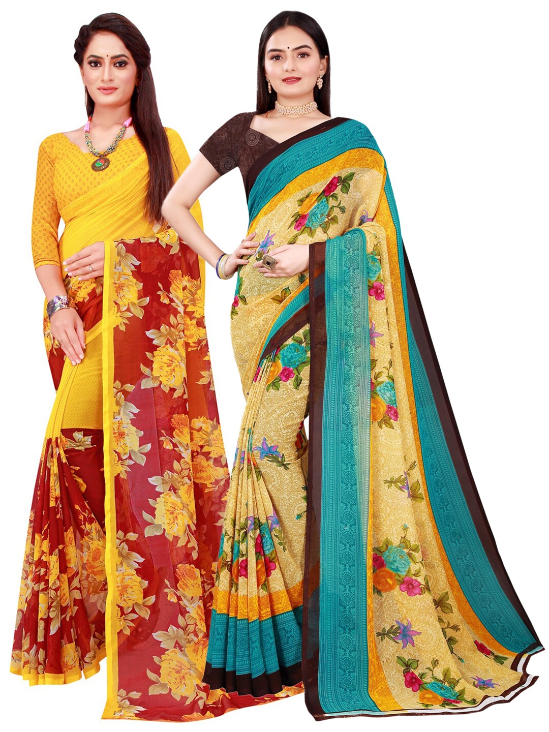 

KALINI Beige & Yellow Pack of 2 Floral Pure Georgette Saree