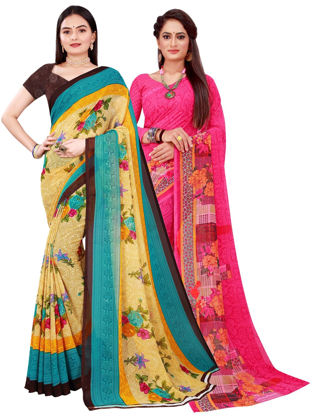 

KALINI Beige & Pink Pack of 2 Floral Pure Georgette Saree