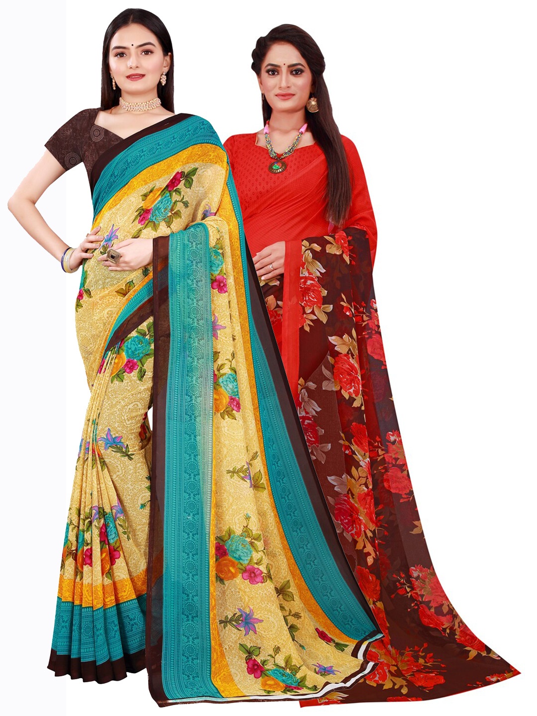 

KALINI Set Of 2 Beige & Red Floral Pure Georgette Sarees