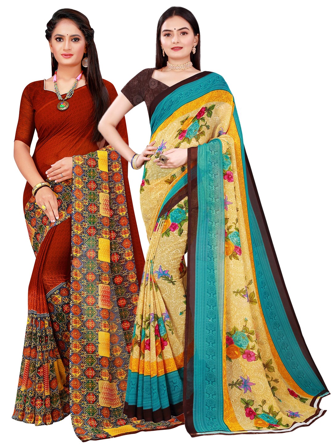 KALINI Beige & Maroon Set Of 2 Printed Pure Georgette Saree