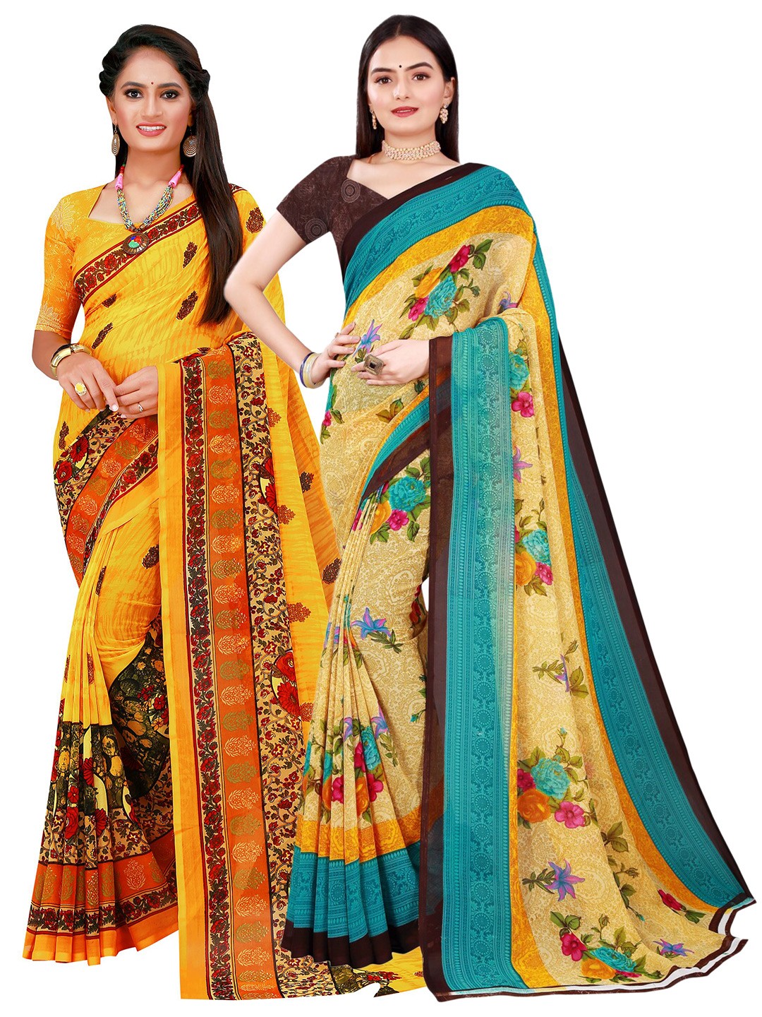 

KALINI Pack of 2 Beige & Yellow Floral Pure Georgette Saree