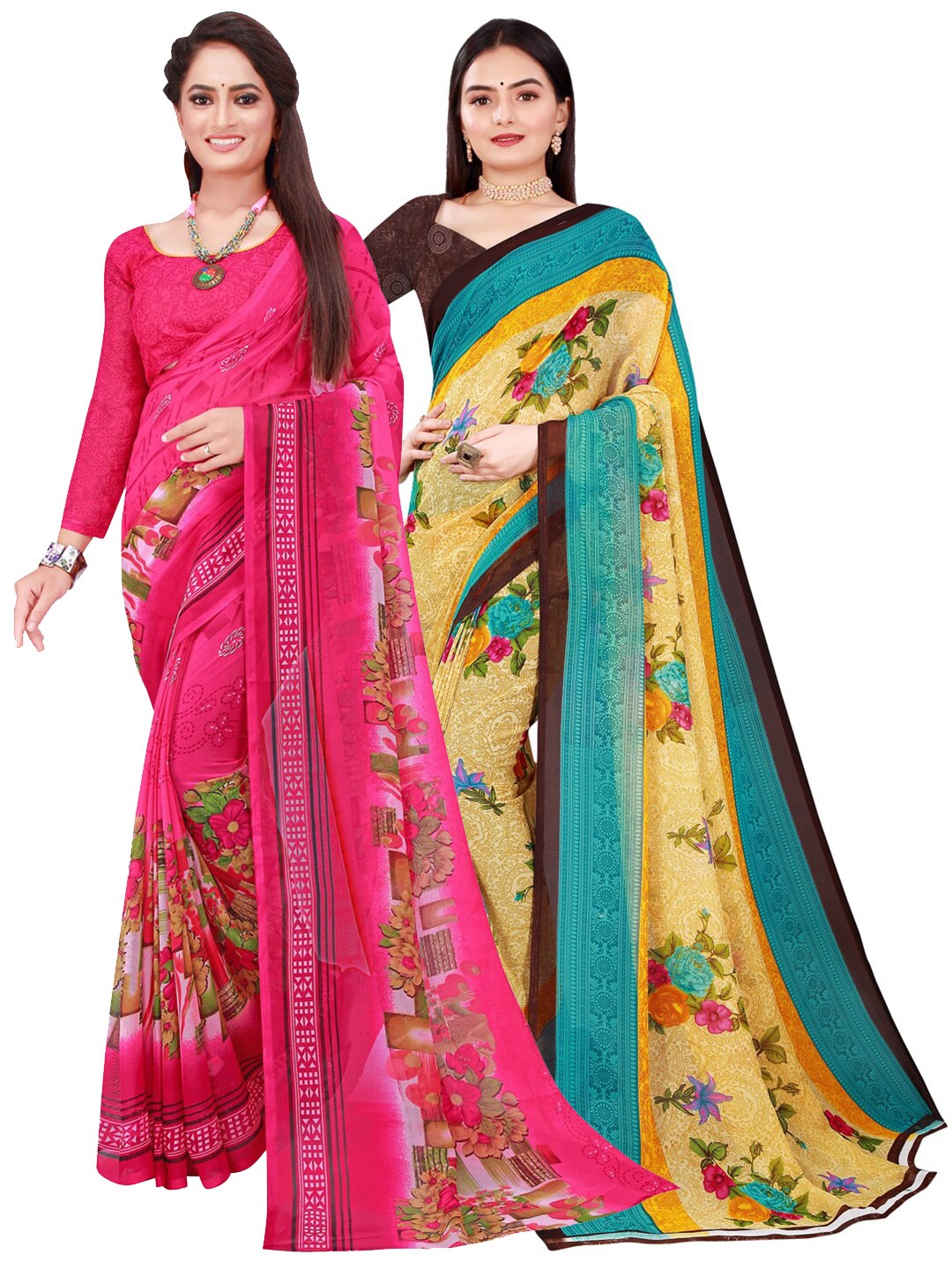 

KALINI Set Of 2 Beige & Pink Floral Pure Georgette Saree
