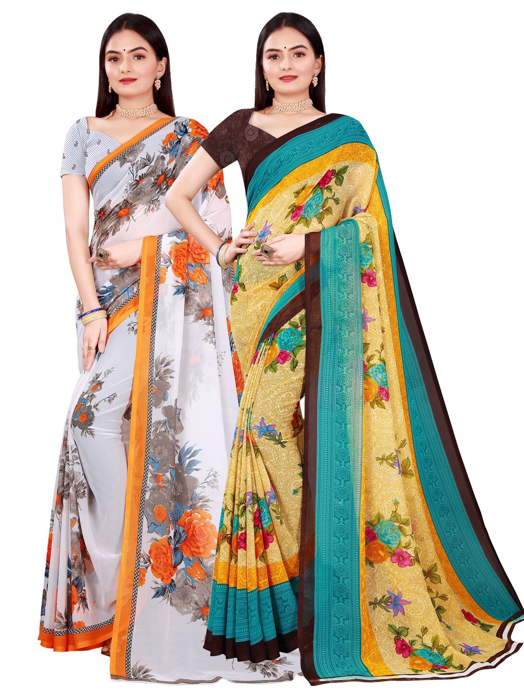 

KALINI Set Of 2 Beige & White Printed Pure Georgette Saree