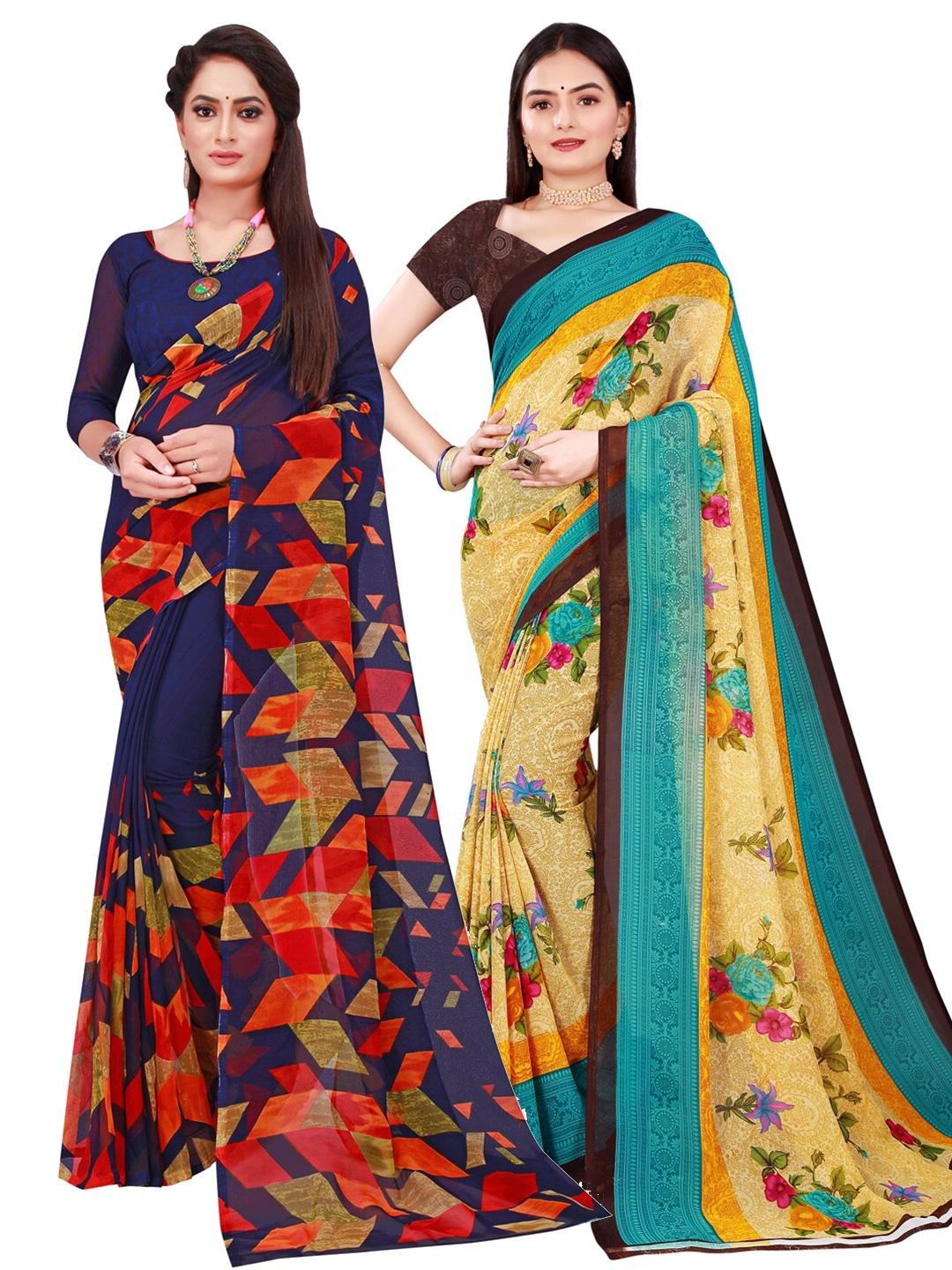 

KALINI Pack of 2 Yellow & Navy Blue Pure Georgette Saree