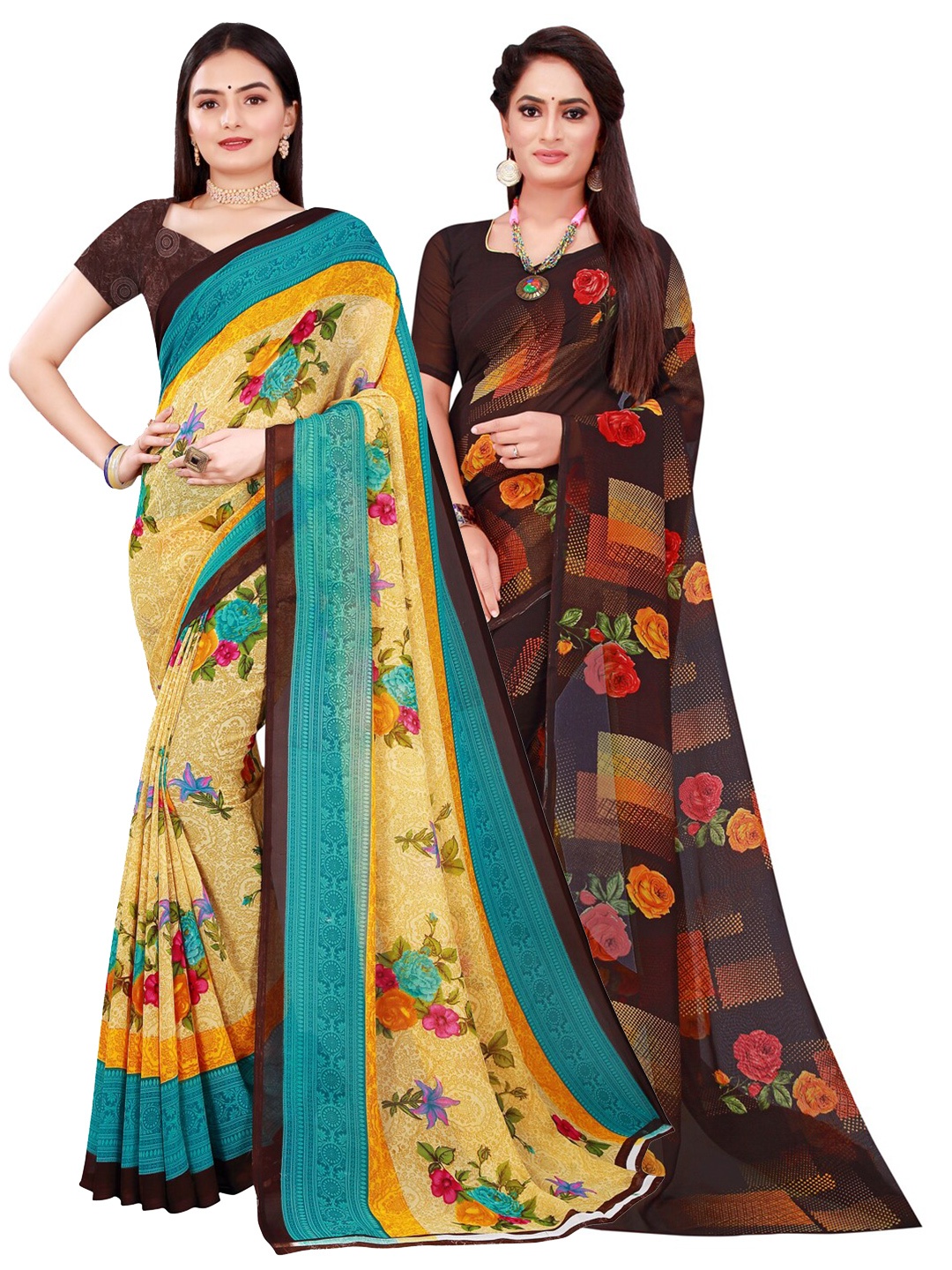 

KALINI Pack Of 2 Beige & Brown Floral Pure Georgette Saree
