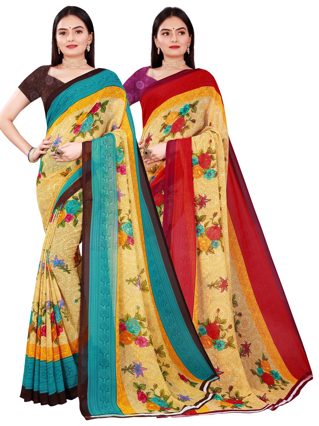 

KALINI Pack Of 2 Beige & Blue Printed Pure Georgette Saree With Unstitched Blouse