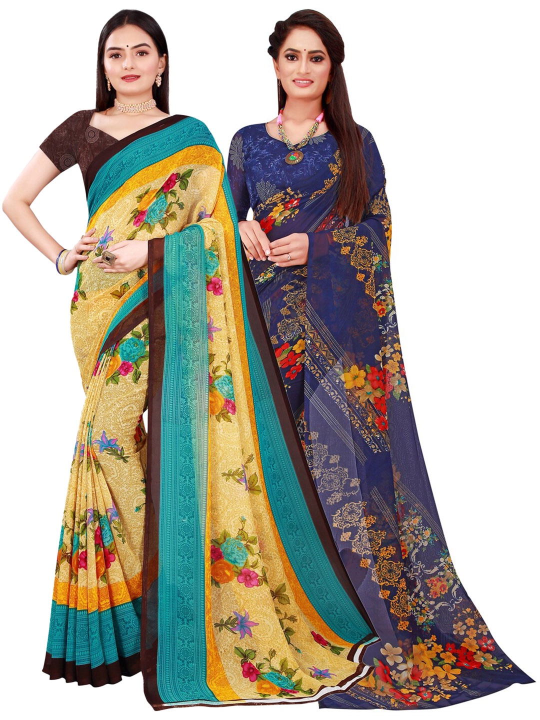

KALINI Pack of 2 Yellow & Navy Blue Floral Pure Georgette Saree