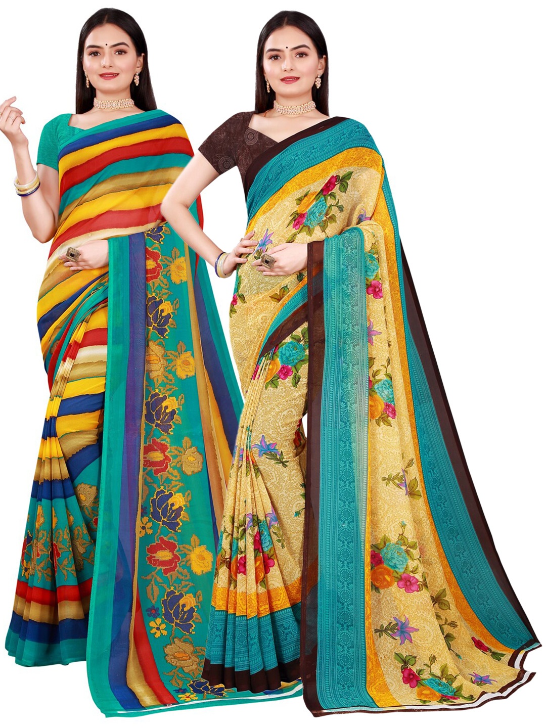 

KALINI Pack of 2 Beige & Yellow Pure Georgette Sarees