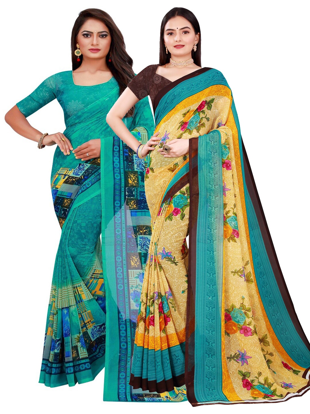 

KALINI Beige & Teal Pack of 2 Floral Pure Georgette Saree