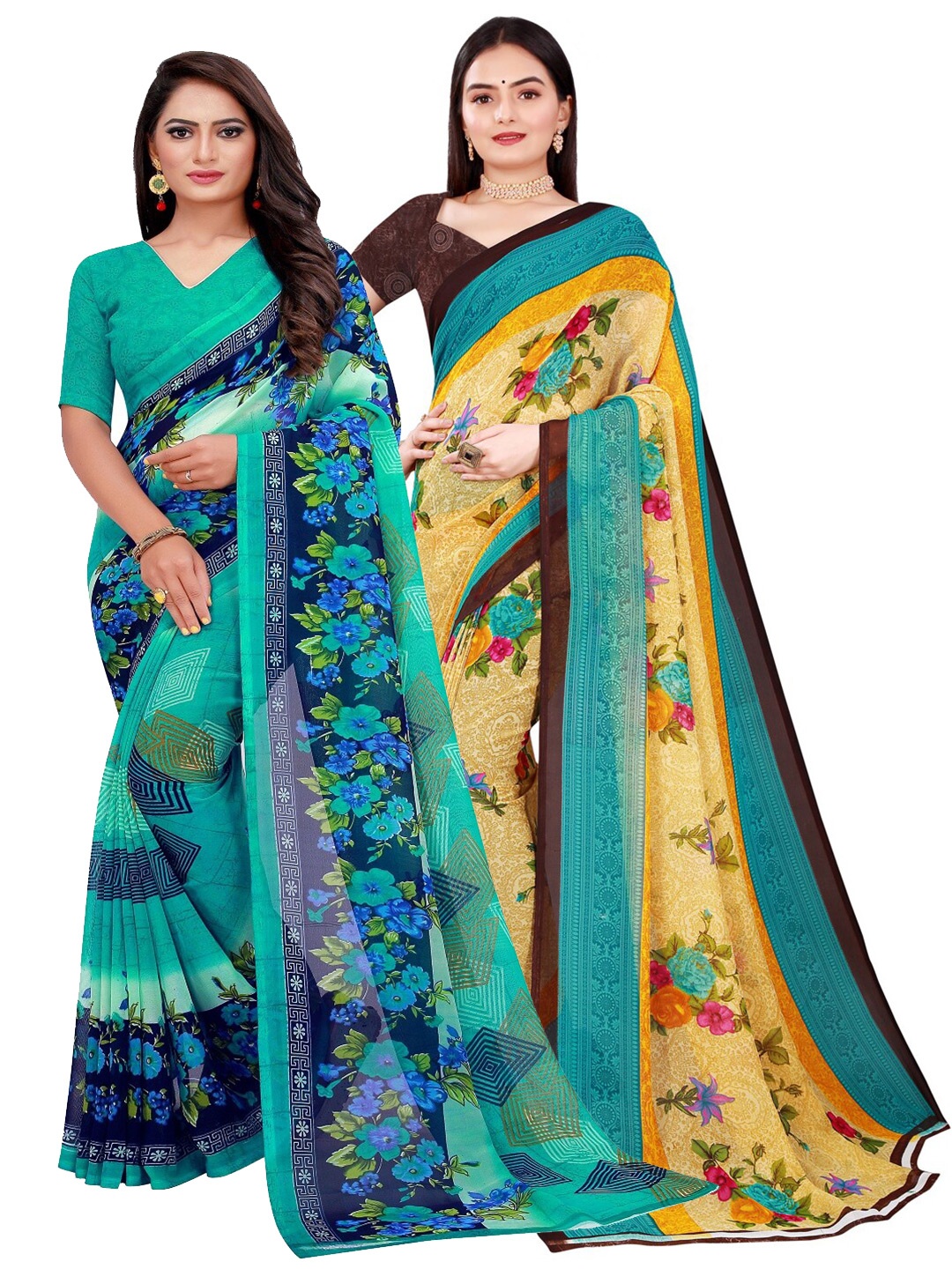 

KALINI Pack of 2 Beige & Turquoise Blue Floral Pure Georgette Saree