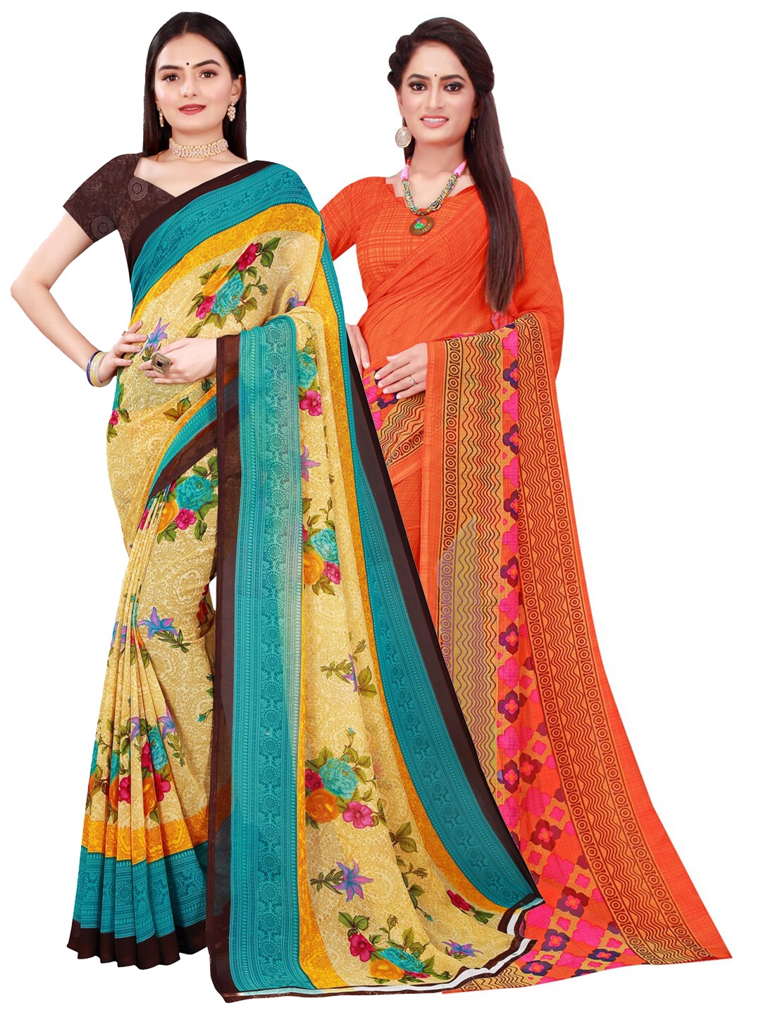 

KALINI Pack of 2 Beige & Orange Floral Pure Georgette Saree