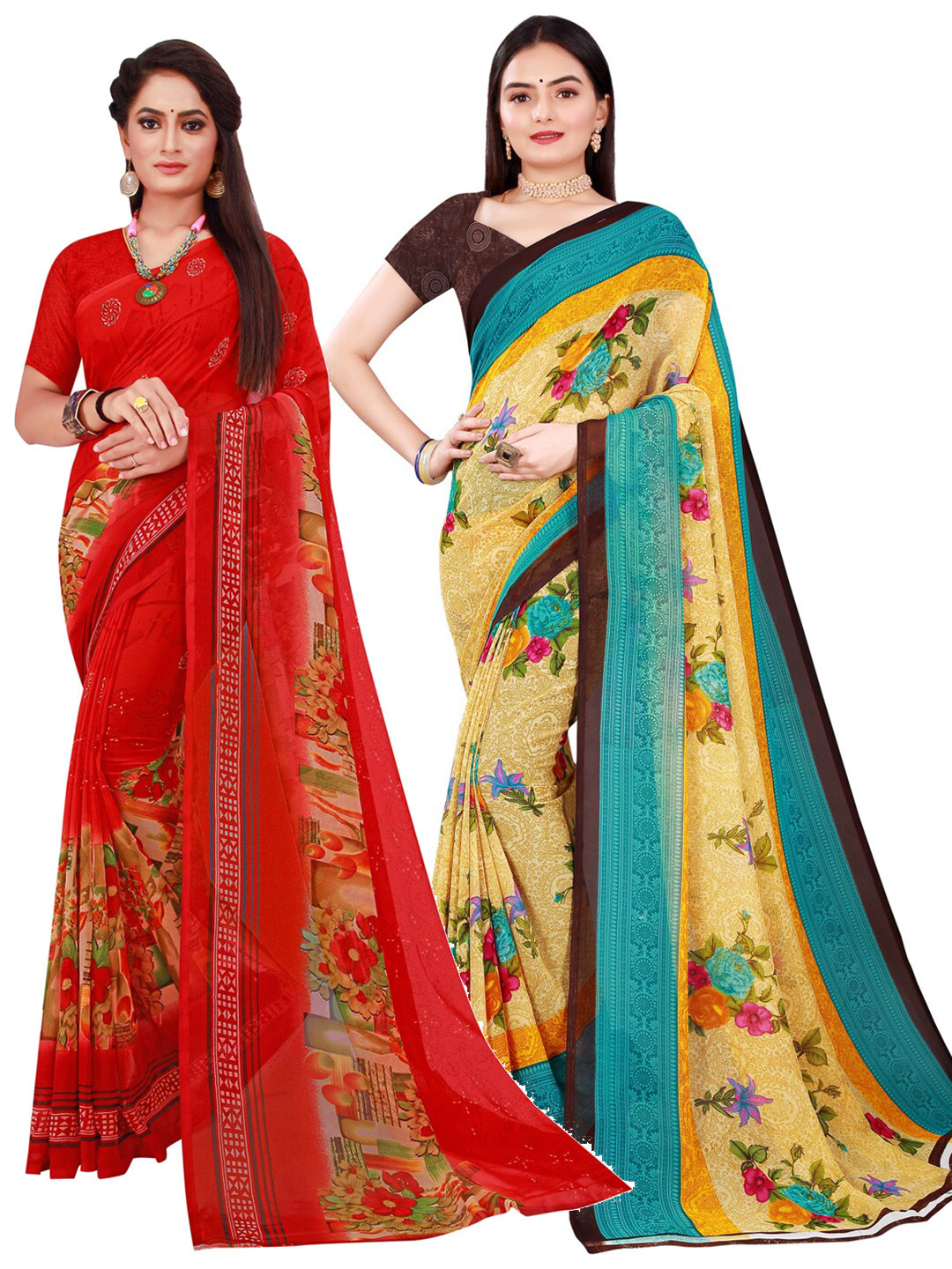 

KALINI Set Of 2 Beige & Red Floral Pure Georgette Sarees