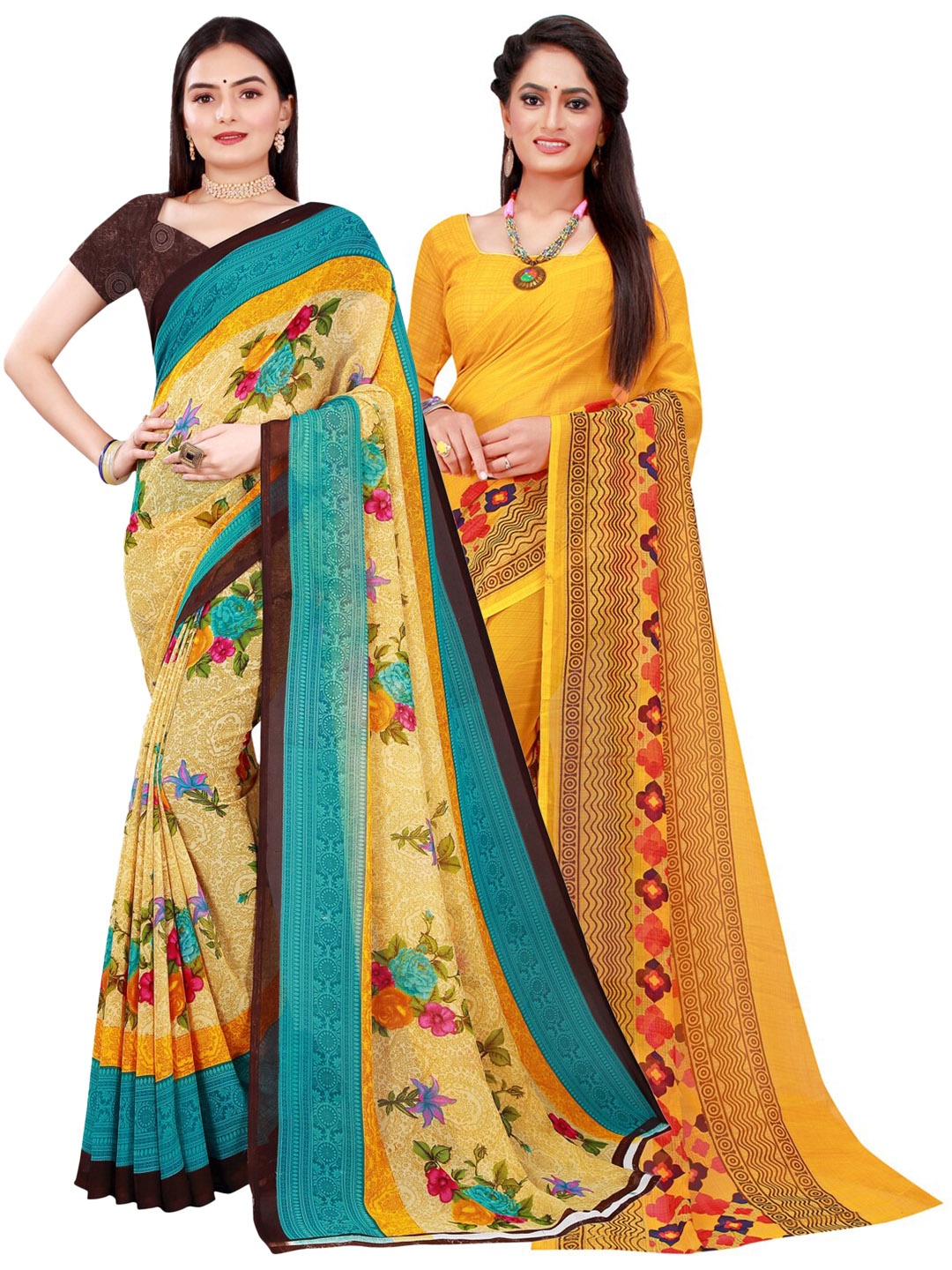 

KALINI Pack of 2 Beige & Blue Floral Pure Georgette Saree