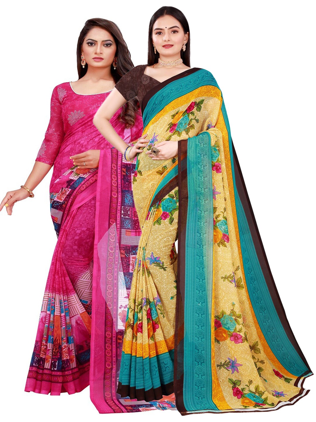 

KALINI Set Of 2 Beige & Pink Floral Pure Georgette Saree