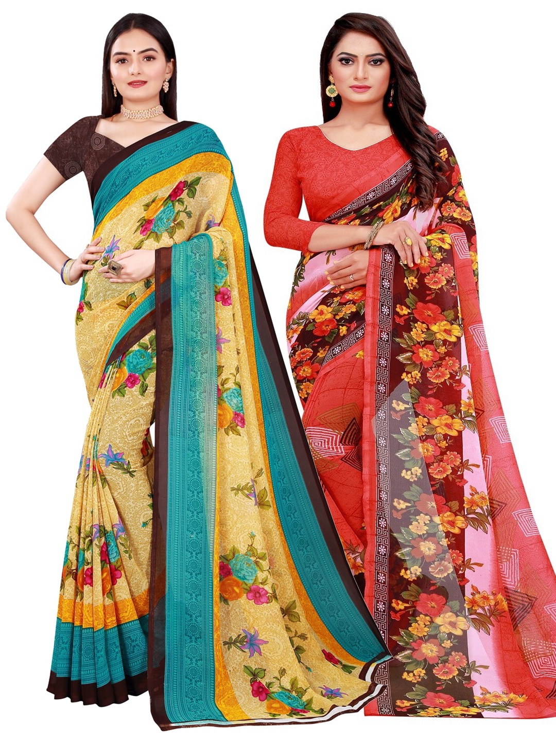 

KALINI Beige & Red Floral Pure Georgette Pack Of 2 Saree