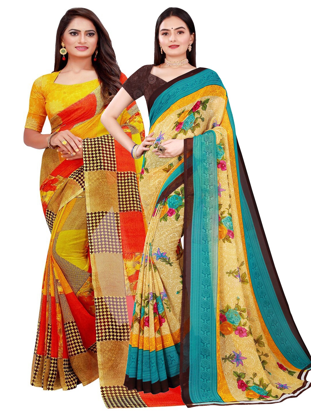 

KALINI Pack of 2 Beige & Yellow Floral Pure Georgette Saree