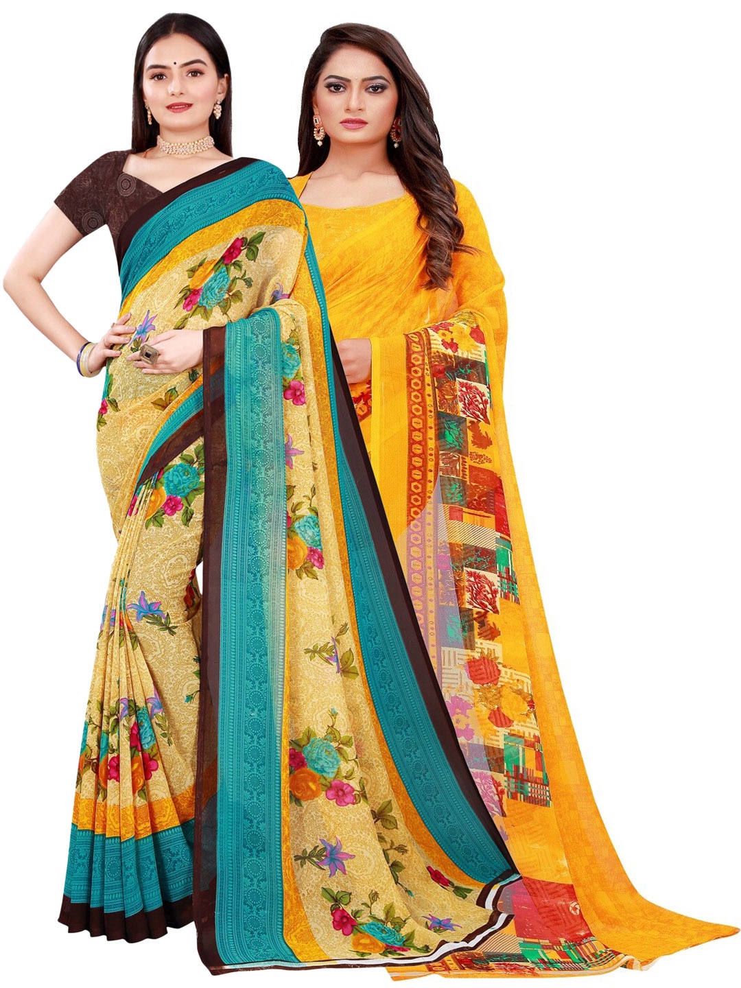 

KALINI Set Of 2 Beige & Blue Printed Floral Pure Georgette Saree