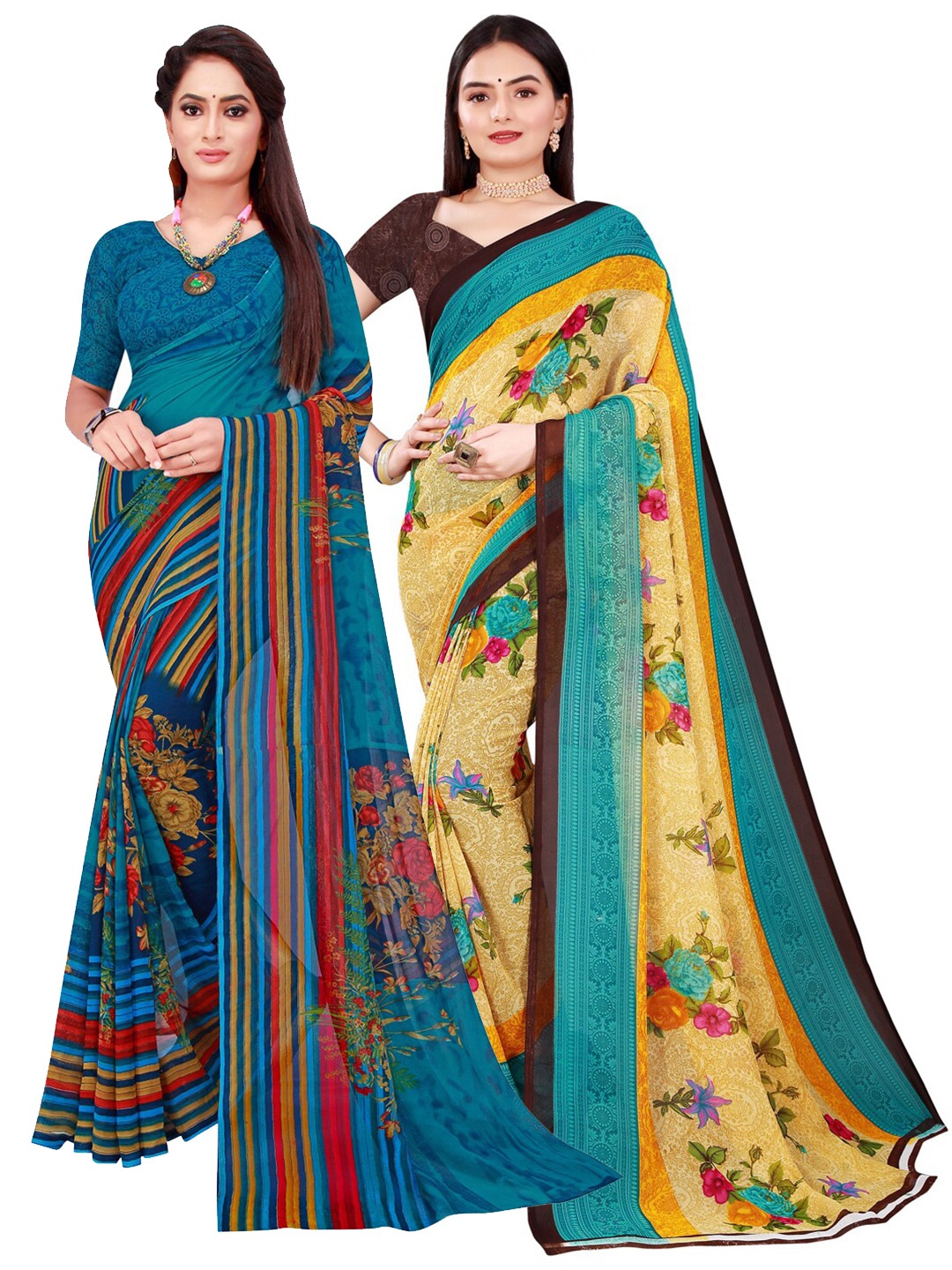 

KALINI Set Of 2 Beige & Blue Floral Pure Georgette Sarees