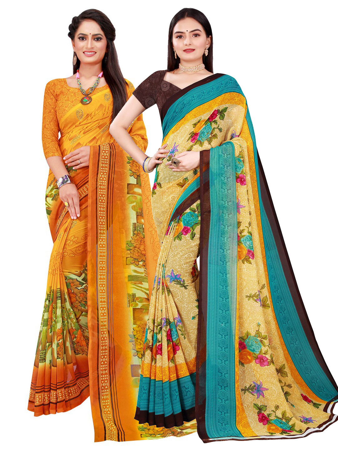 

KALINI Pack of 2 Beige & Yellow Floral Pure Georgette Saree