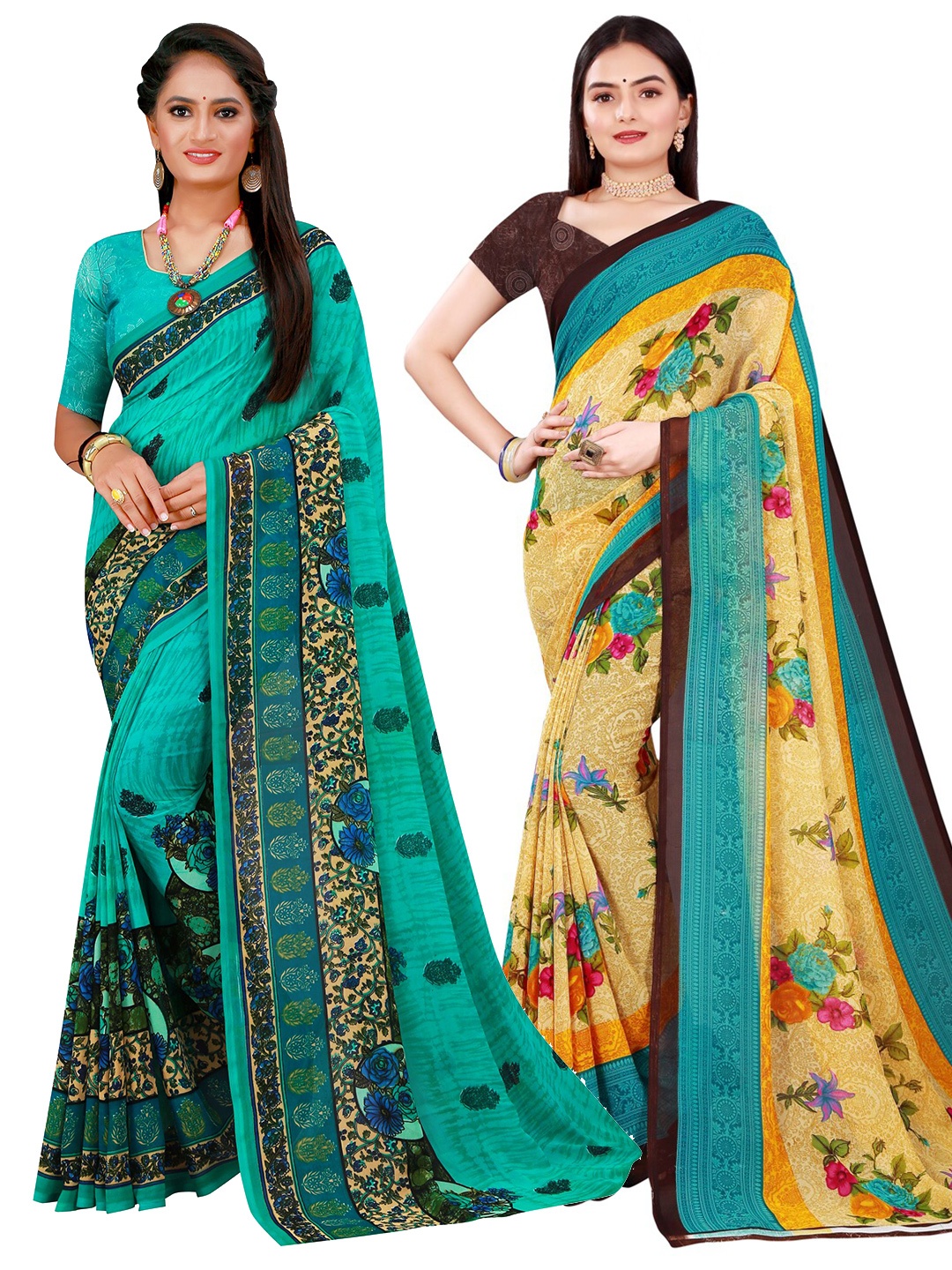

KALINI Set Of 2 Beige & Teal Floral Pure Georgette Saree