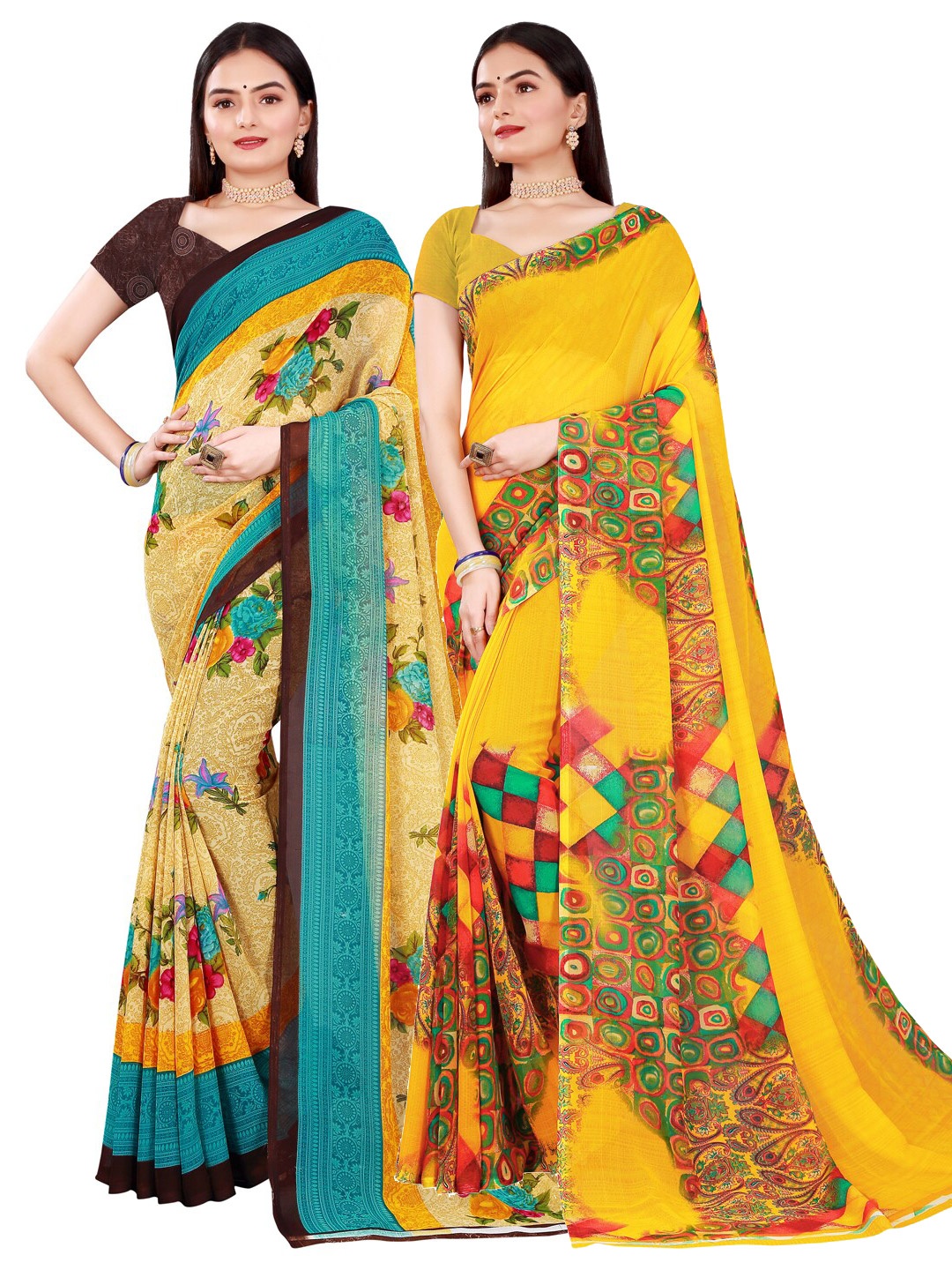 

KALINI Pack of 2 Beige & Yellow Floral Pure Georgette Saree