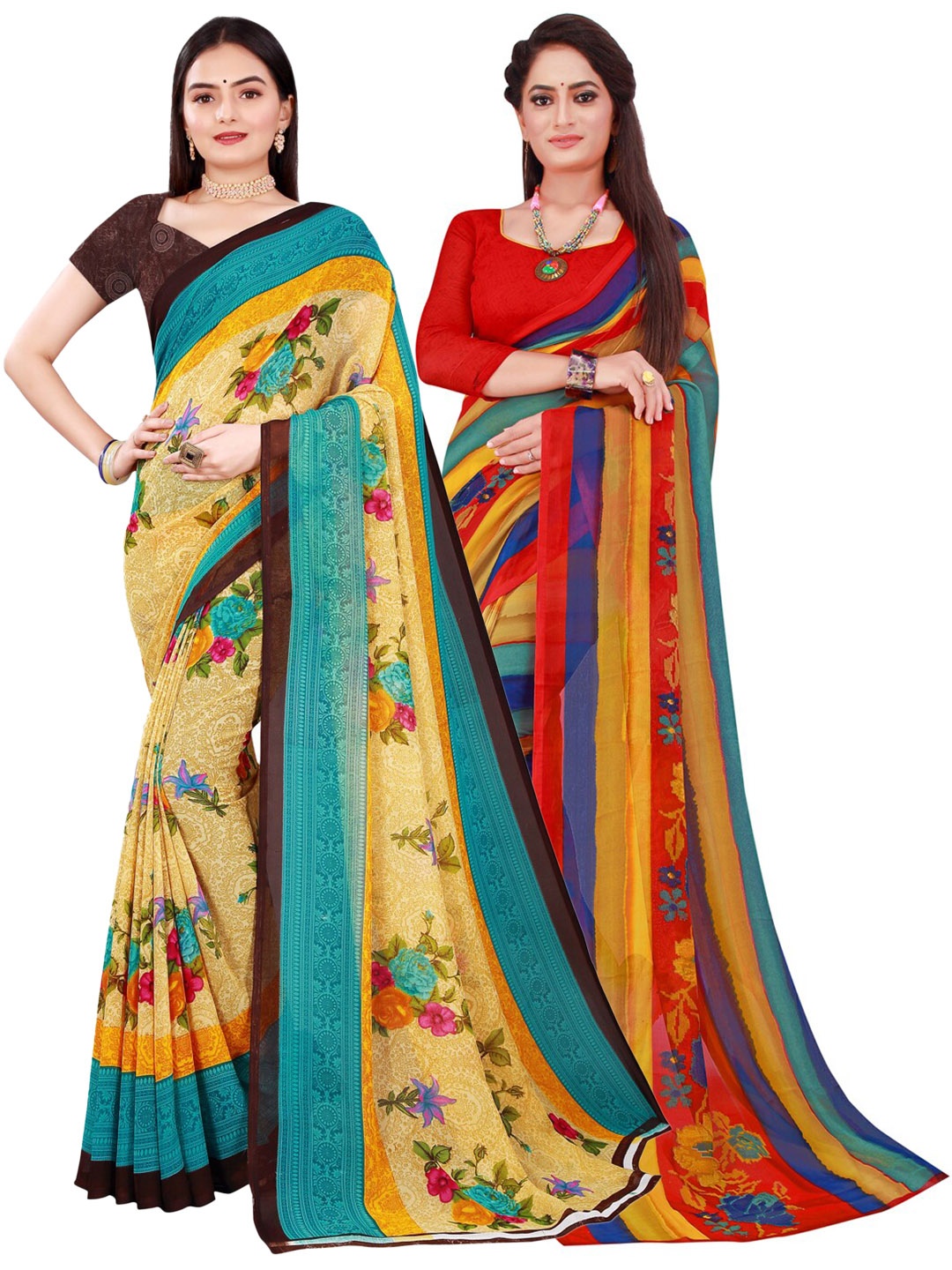 

KALINI Beige & Red Set Of 2 Printed Pure Georgette Saree