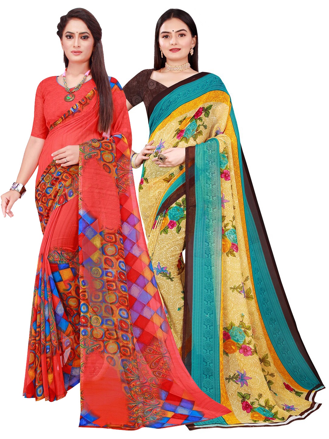 

KALINI Women Pack Of 2 Beige & Pink Printed Pure Georgette Saree