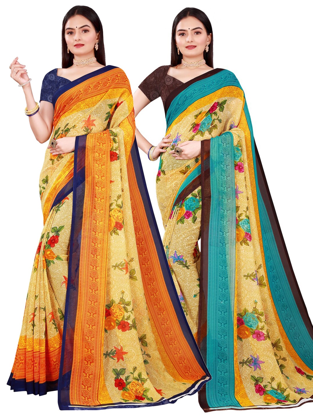 

KALINI Beige & Yellow Pure Georgette Saree