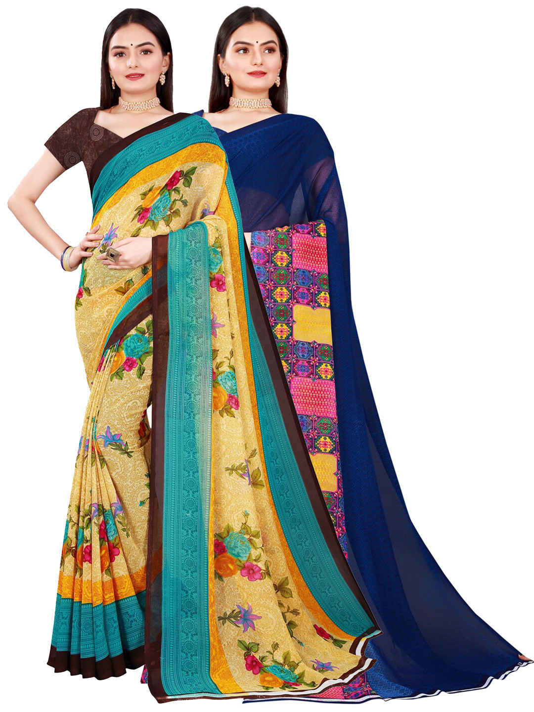 

KALINI Pack Of 2 Beige & Navy Blue Pure Georgette Saree