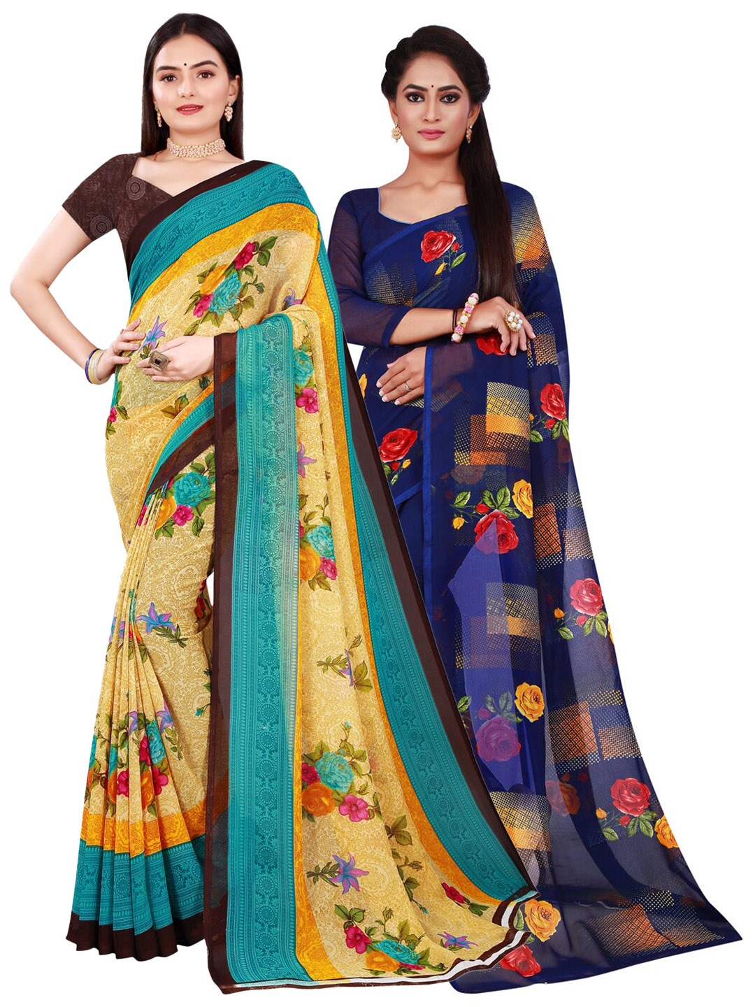 

KALINI Beige & Navy Blue Pack of 2 Floral Pure Georgette Saree