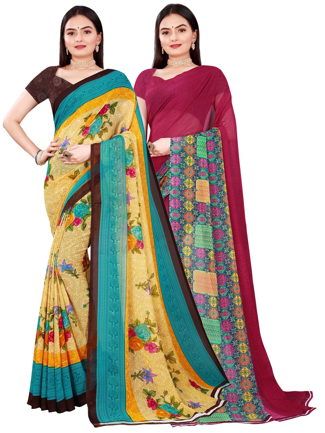 

KALINI Pack of 2 Beige & Pink Pure Georgette Sarees