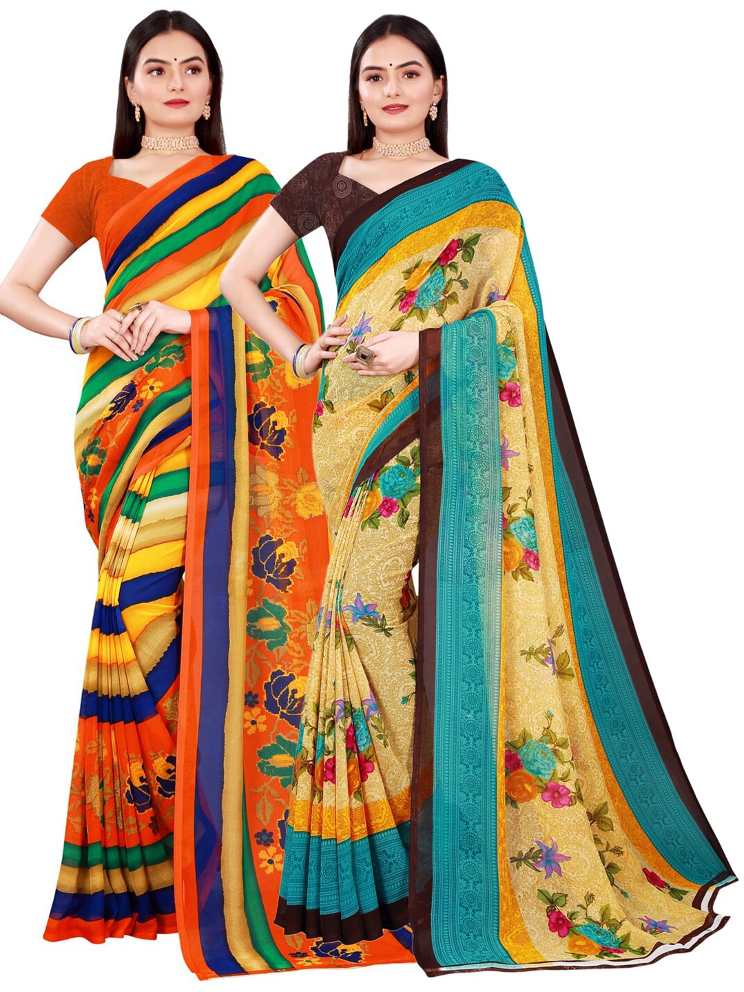 

KALINI Set Of 2 Beige & Blue Printed Floral Pure Georgette Saree