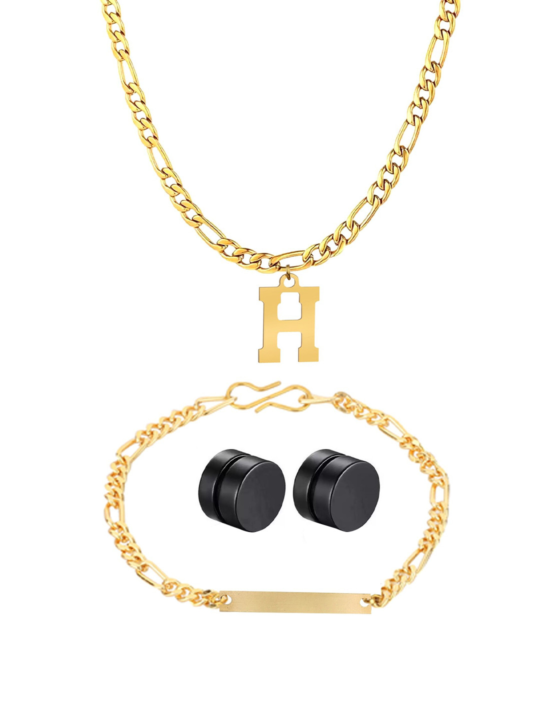 

Goldnera Men Gold-Toned Set of Gold-Plated Bracelet Alphabet Pendant with Ear Stud