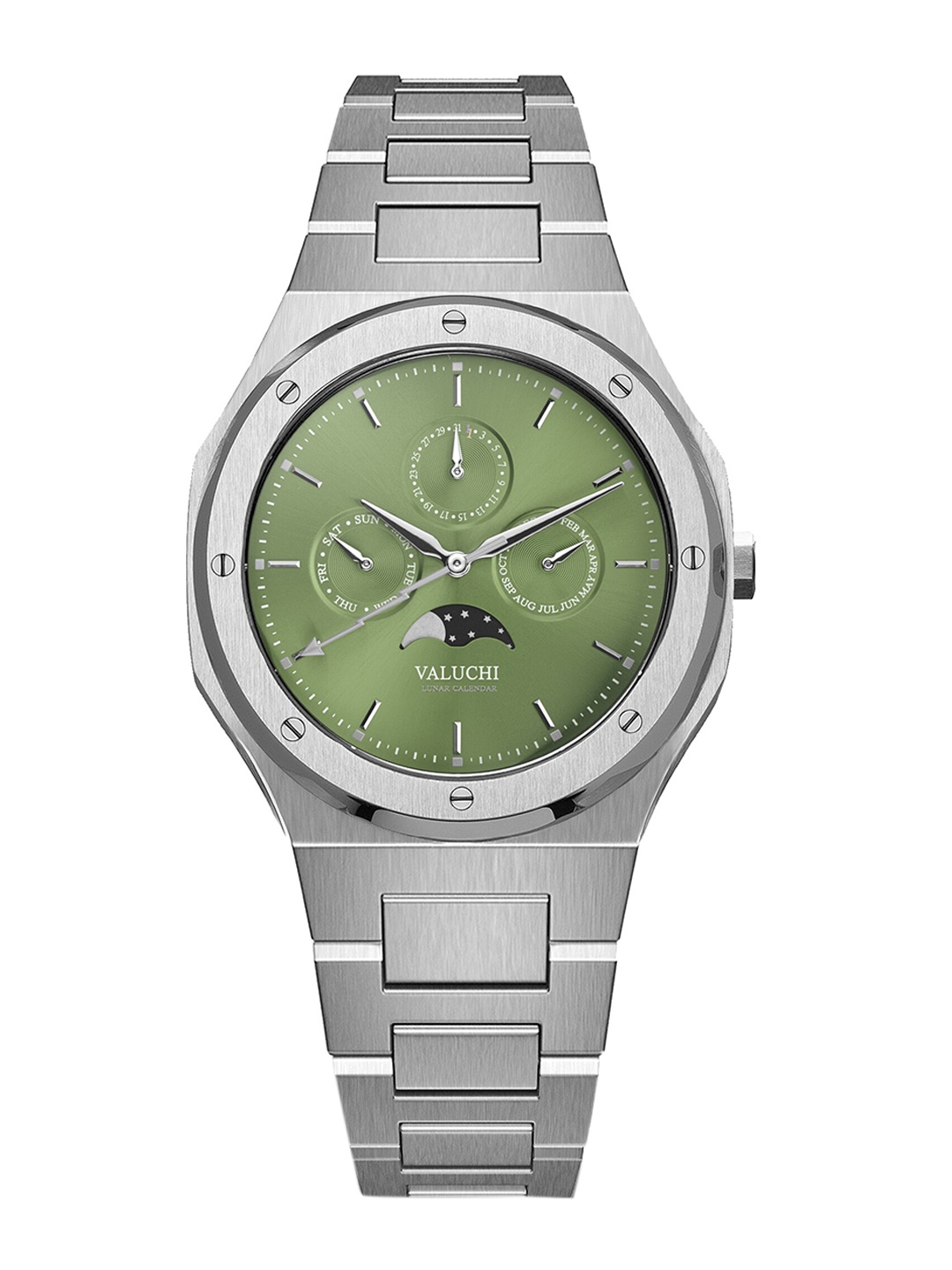 

Valuchi Men Green Dial & Silver Toned Stainless Steel Bracelet Style Straps Analogue Motion Powered Watch