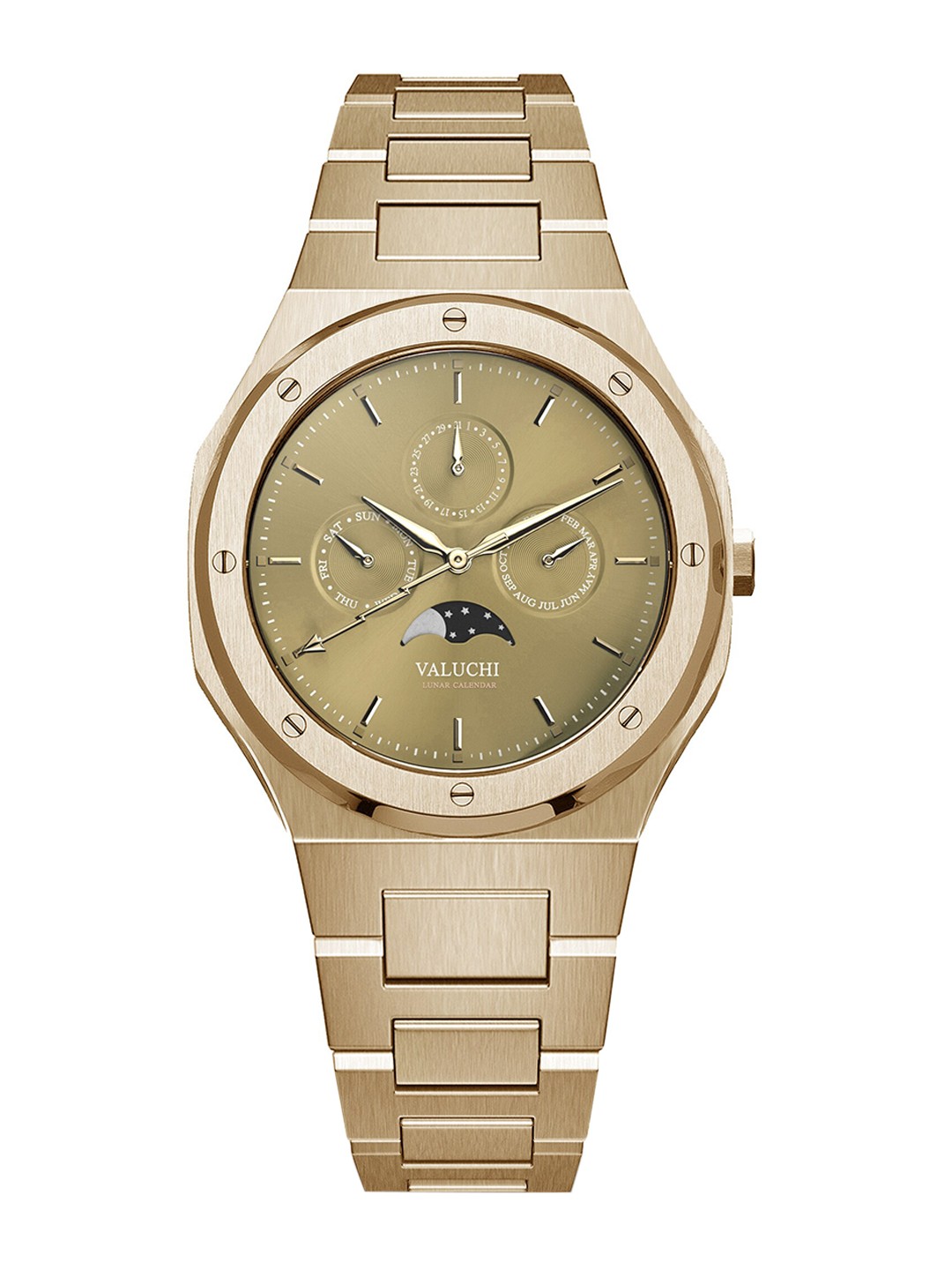 

Valuchi Men Gold-Toned Dial & Gold Toned Stainless Steel Bracelet Style Straps Analogue Motion Powered Watch