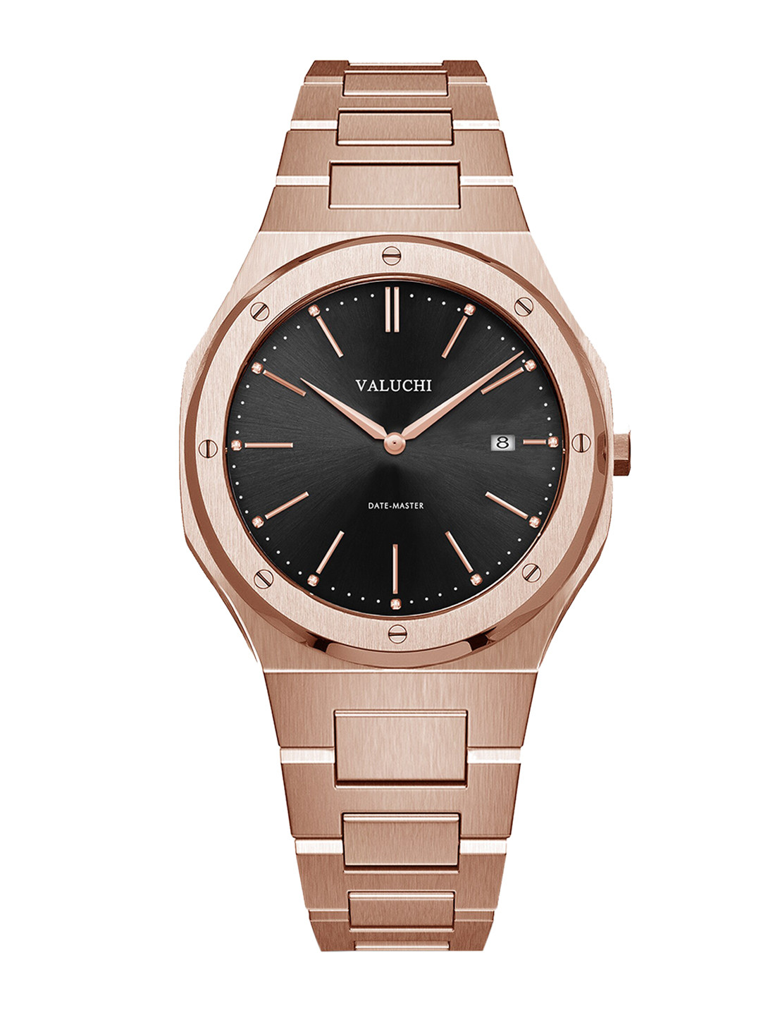 

Valuchi Women Black Dial & Rose Gold Toned Stainless Steel Bracelet Style Straps Analogue Motion Powered Watch